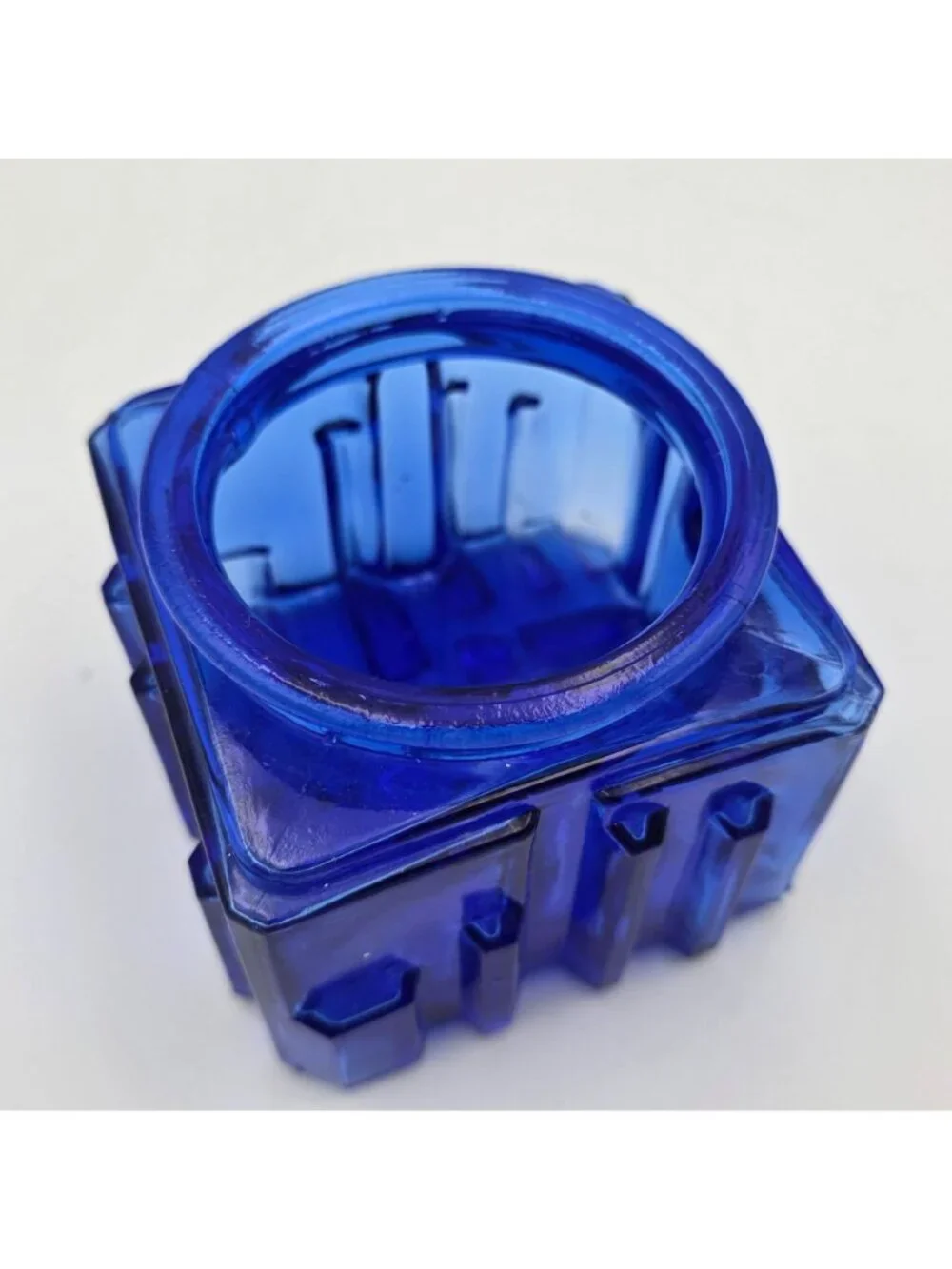 Cobalt Blue Art Deco Square Glass Vanity Powder Jar Textured No Lid 3.25